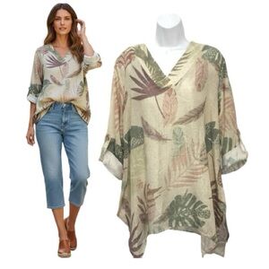 Indigo Soul Feather Tropical Print V-Neck Roll Tab Sleeves Top - Women’s Large